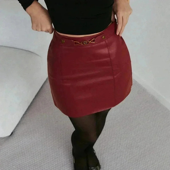 Burgundy Casual Women's Firerie Versatile Red Metal Buckle Woven Fabric Skirt - Picture 4 of 6